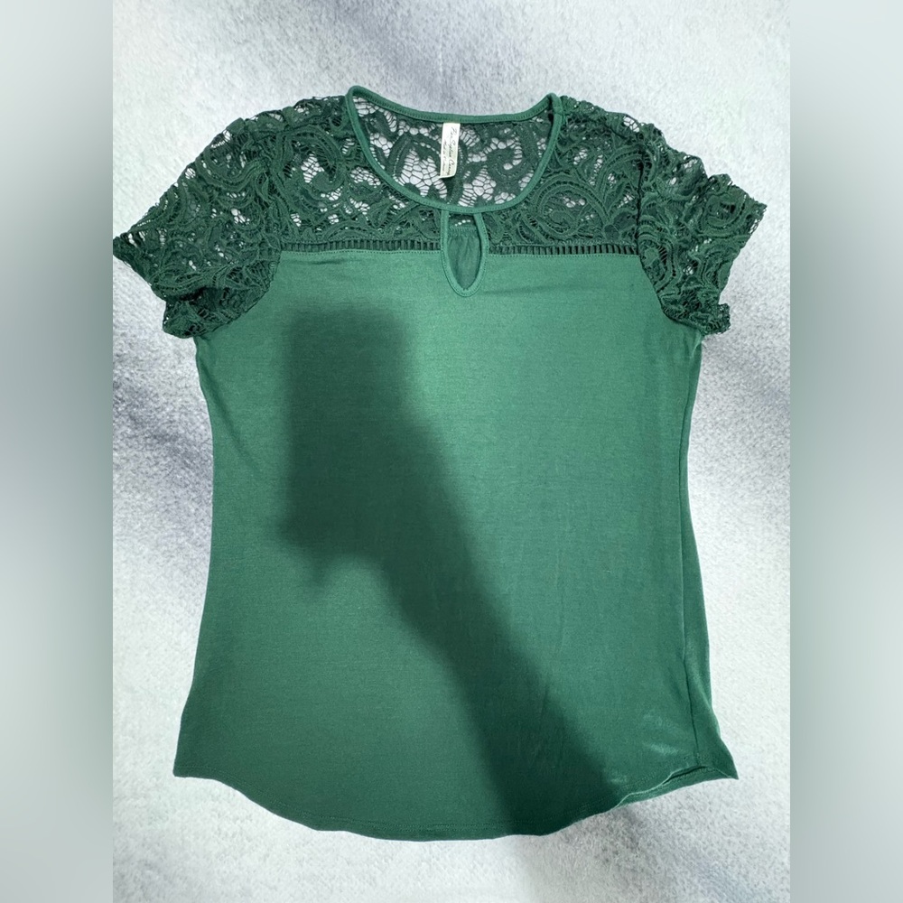 PerSeption Concept Hunter Green Lace Comfy Dainty Top Blouse Shirt Small‎ S